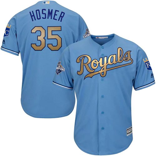 Royals #35 Eric Hosmer Light Blue 2015 World Series Champions Gold Program Cool Base Stitched Youth MLB Jersey